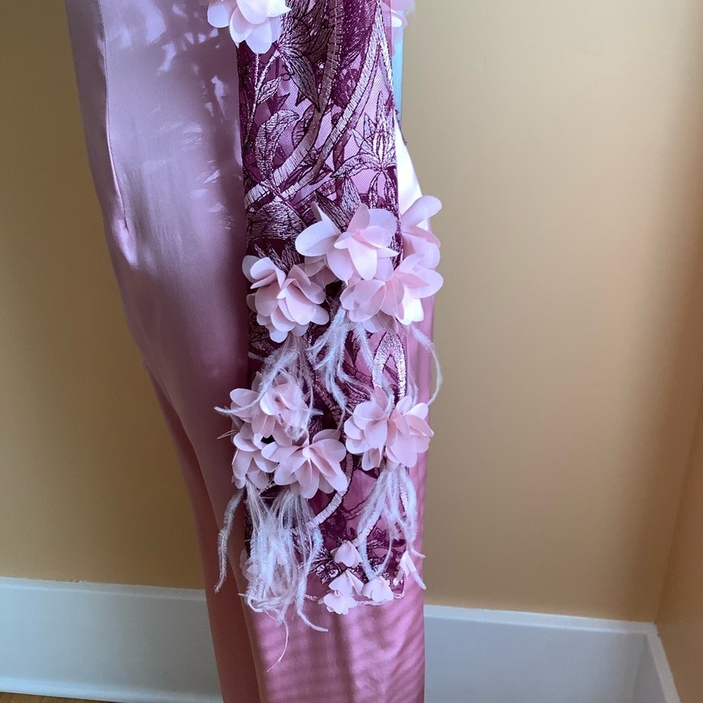 Designer Couture Pink Silk Jumpsuit Floral Appliqué Size Small - Picture 5 of 16